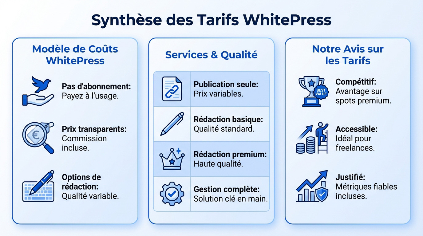 Synthèse des tarifs et services de la plateforme WhitePress