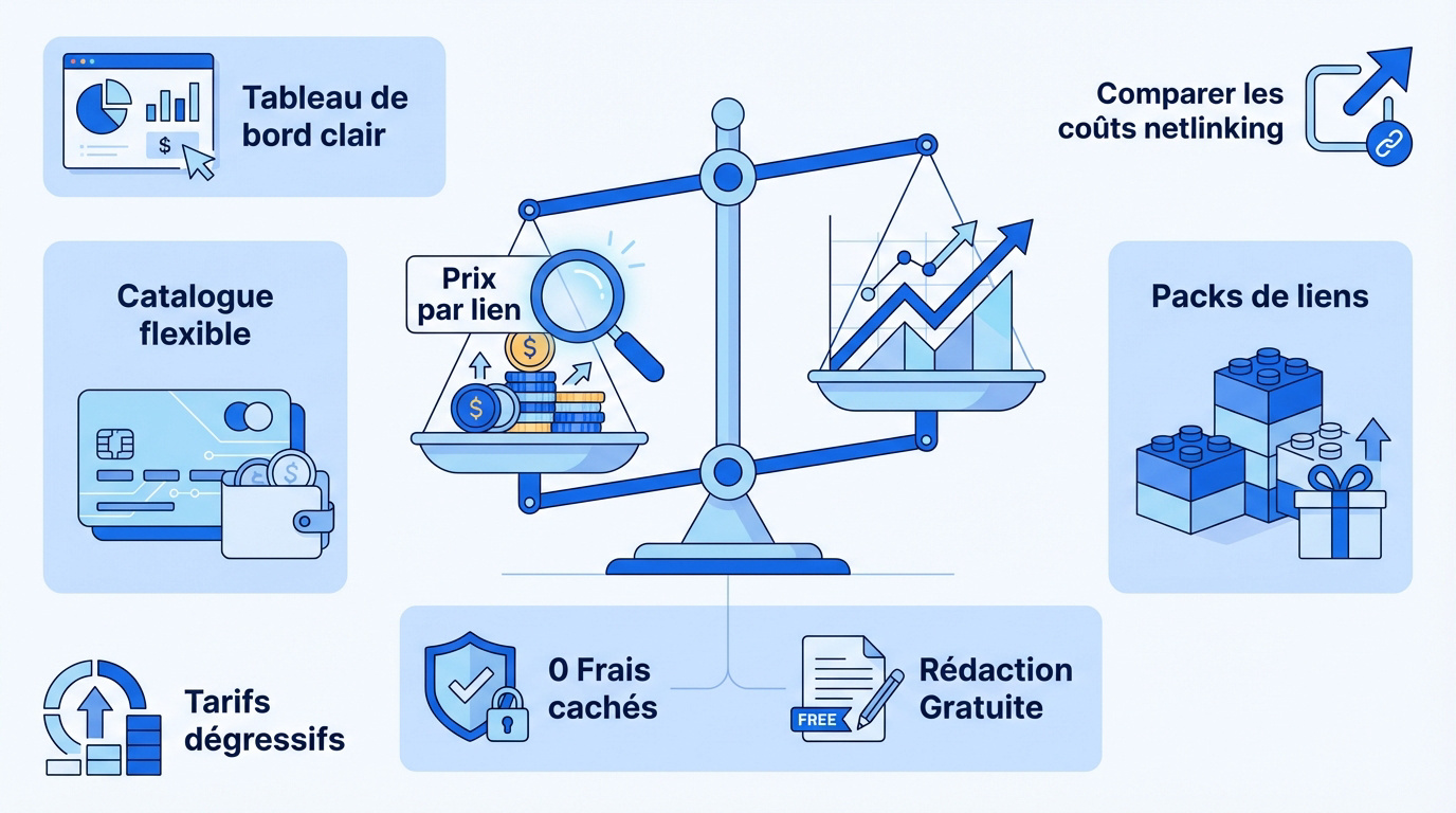 Tableau des tarifs transparents et avantages SEO de la plateforme Backlinked