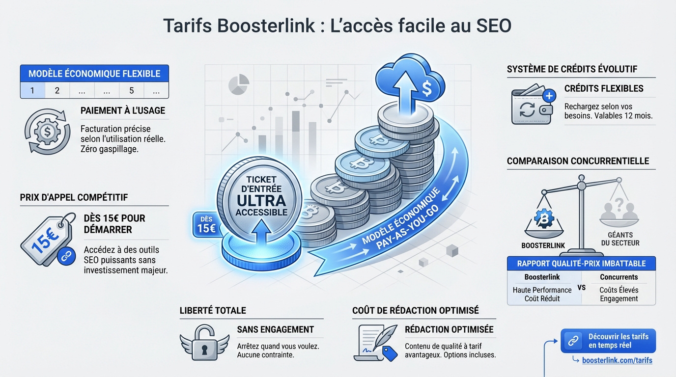 Interface des tarifs accessibles de la plateforme Boosterlink pour le netlinking